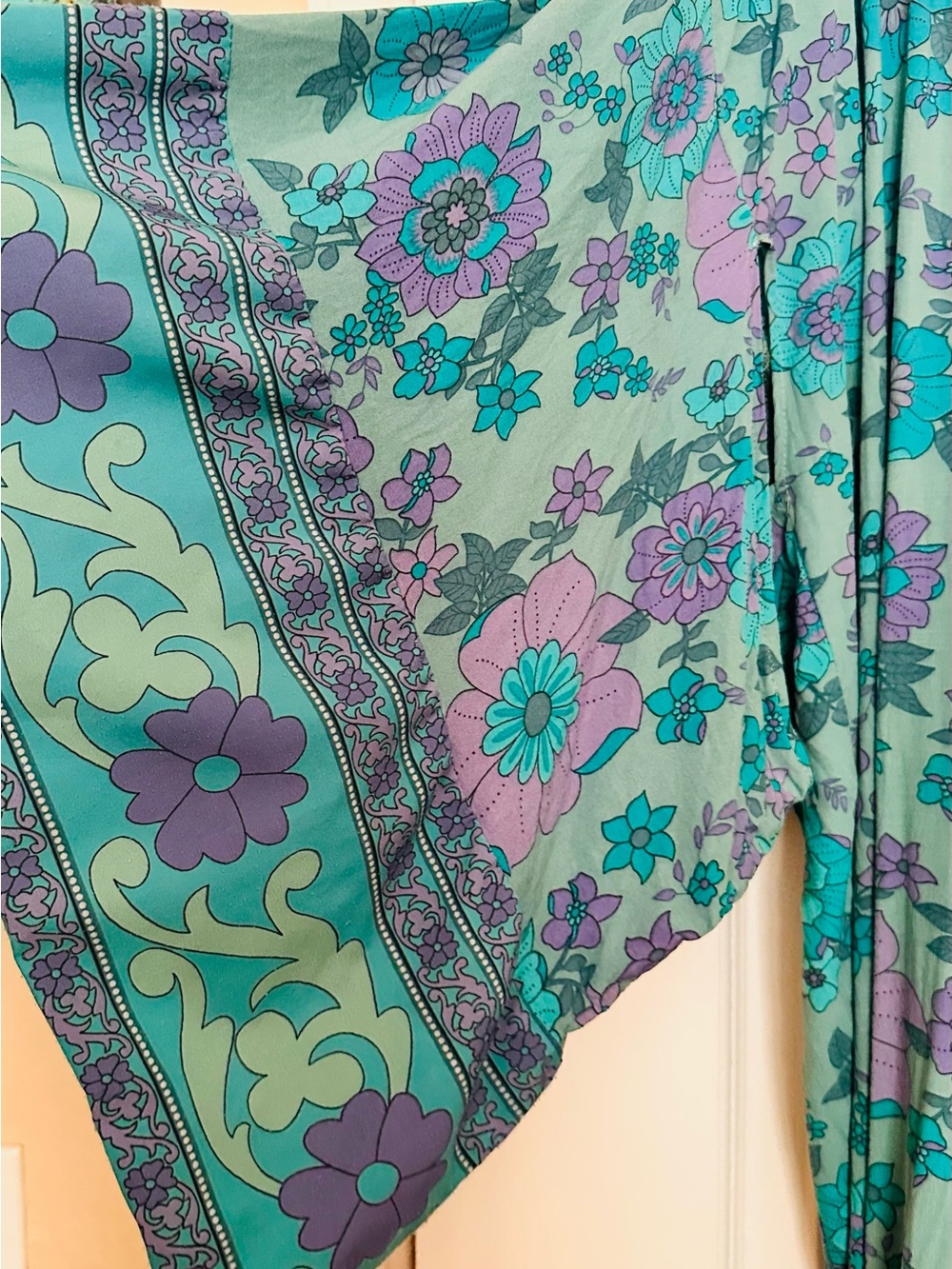 Floral Satin Kimono Robe in Teal & Purple - Picture 3 of 6